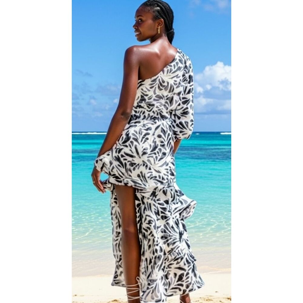 Alexis NWT Cream & Black Botanical Dress | Flowing Asymmetrical Luxe Size Small - Picture 2 of 9